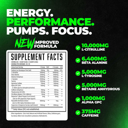 Wrecked Pre Workout Powder, Advanced Formula, Boosts Energy, Focus, Pumps & Performance, 10g L-Citrulline, 6.4g Beta Alanine, 5g Tyrosine, 1g Alpha GPC, 375mg Fast-Acting Caffeine & More (40 Servings)