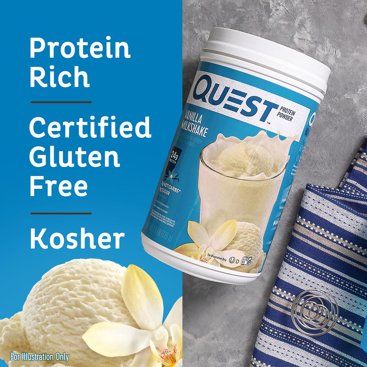 Quest Nutrition Vanilla Milkshake Protein Powder, 24g of Protein, 1g of Sugar, Low Carb, Gluten Free, 1.6 Pound, 23 Servings Quest
