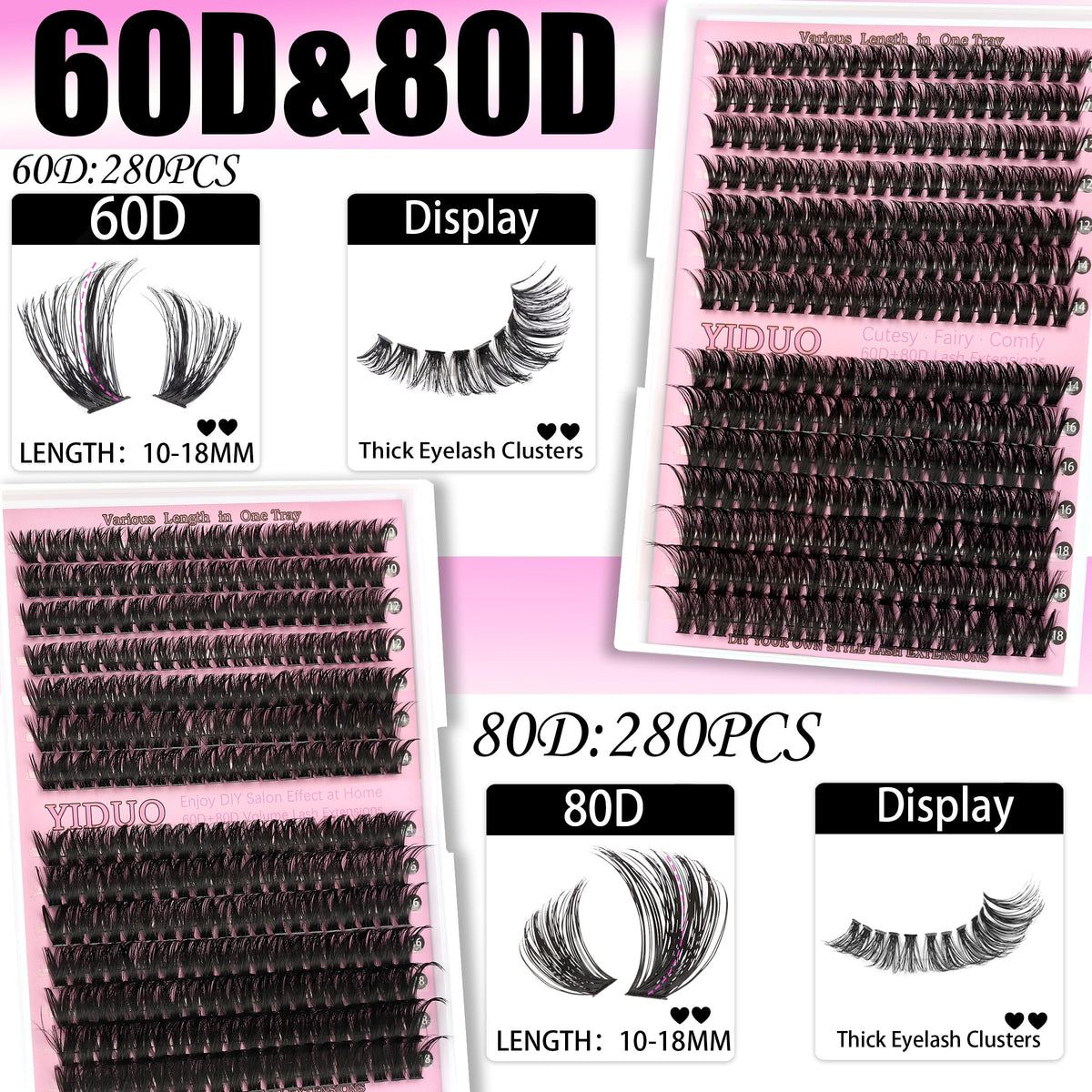 YIDUO 4 Styles Lash Clusters Kit 60D+80D+100D+150D Volume Clusters Lashes Extensions Kit with 2 X Bond and Seal 10-18mm Wispy D Curvature Full Individual Eyelash Extensions Kit DIY at Home Easily YIDUO