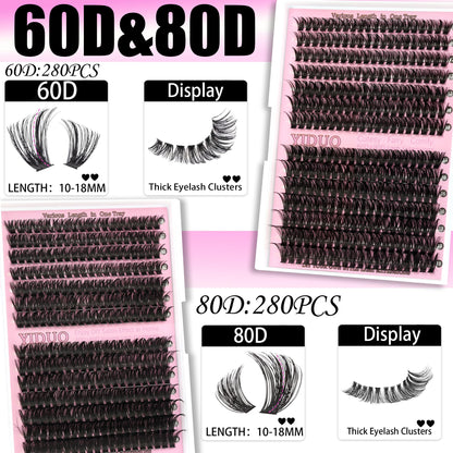 YIDUO 4 Styles Lash Clusters Kit 60D+80D+100D+150D Volume Clusters Lashes Extensions Kit with 2 X Bond and Seal 10-18mm Wispy D Curvature Full Individual Eyelash Extensions Kit DIY at Home Easily YIDUO