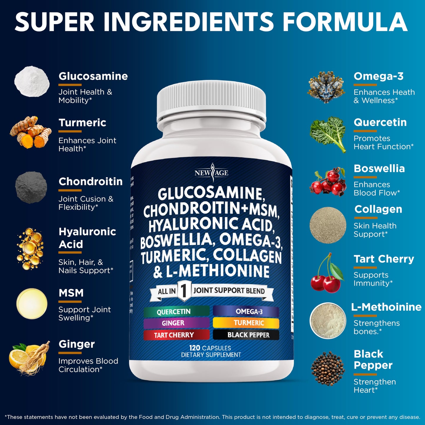 Glucosamine Chondroitin, MSM, Turmeric Curcumin, Collagen, Hyaluronic Acid, Omega 3 – Health Supplement for Men & Women – 240 Count NEW AGE