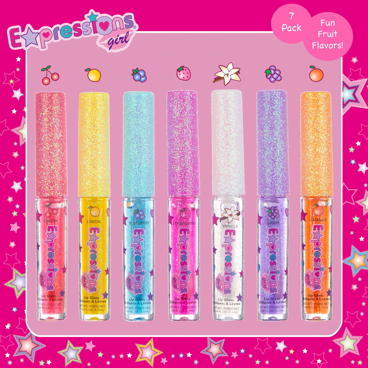 7pc Fruity Flavored Lip Gloss Set - Assorted Fruit Flavor-Great Gift Expressions girl