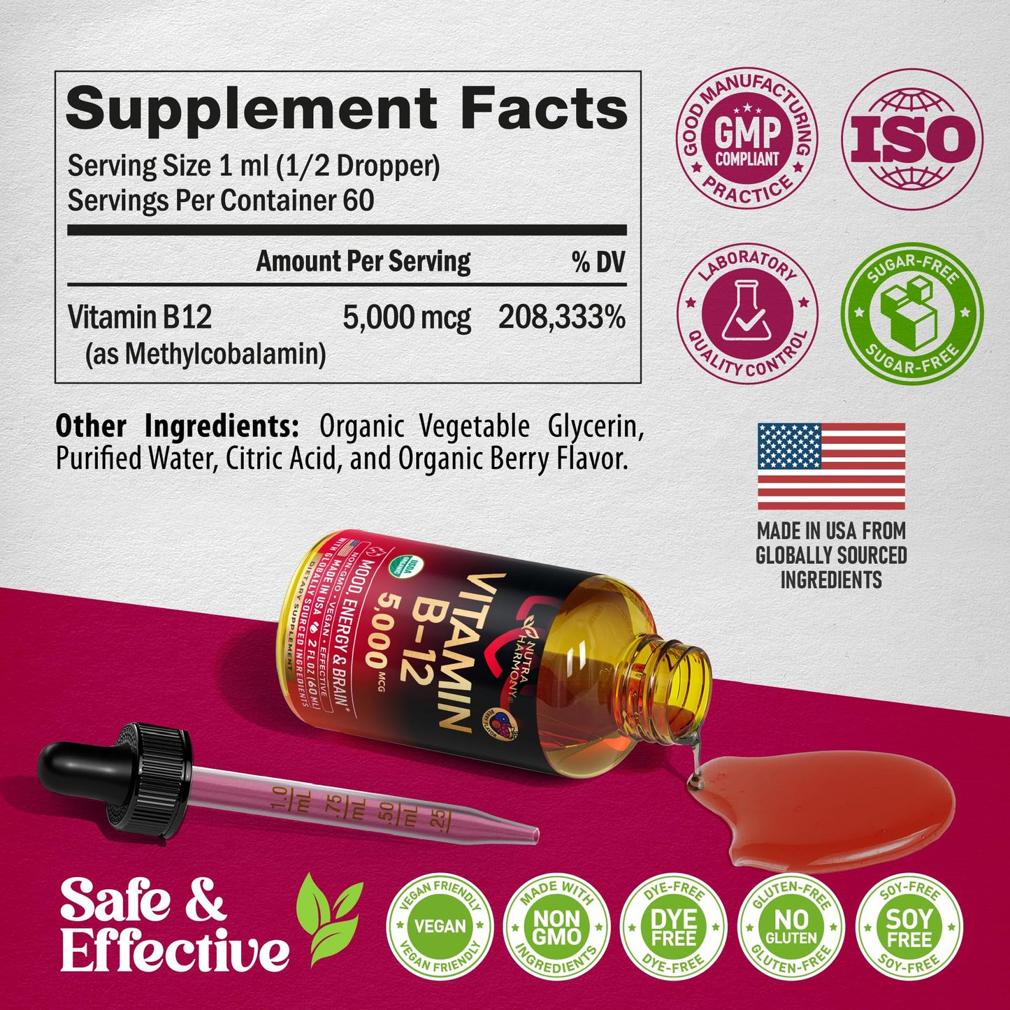 USDA Organic Vitamin B12 Sublingual Drops - 5000 mcg Liquid Vegan Methylcobalamin for Women & Men - Energy Boost, Focus & Mood, Brain Health Support NUTRAHARMONY