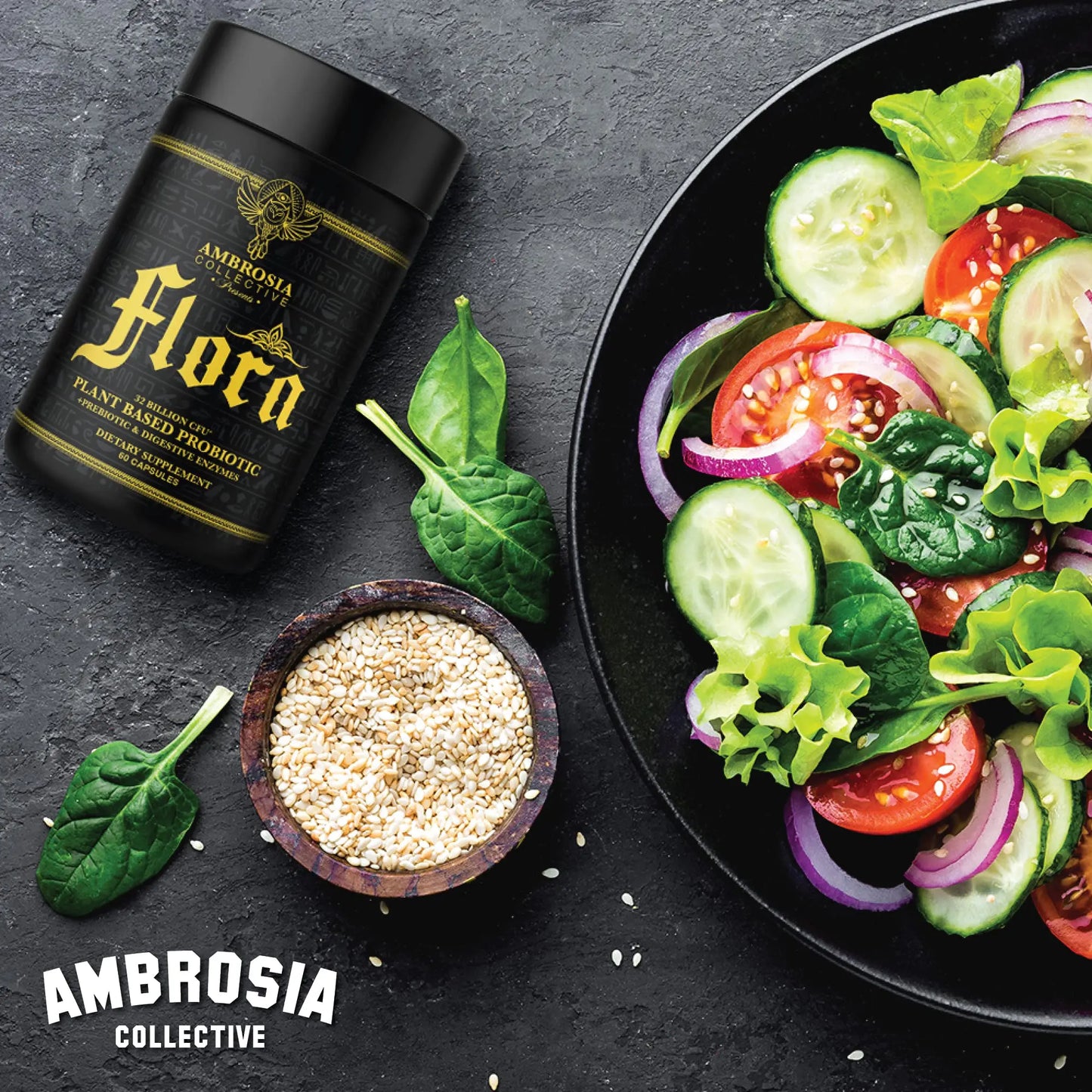 Ambrosia Flora Digestive Enzymes with Probiotics & Prebiotics | 32 Billion CFU Gut Health Supplement | Plant Based, Vegan Probiotic | 60 Veggie Capsules (30 Servings) Ambrosia