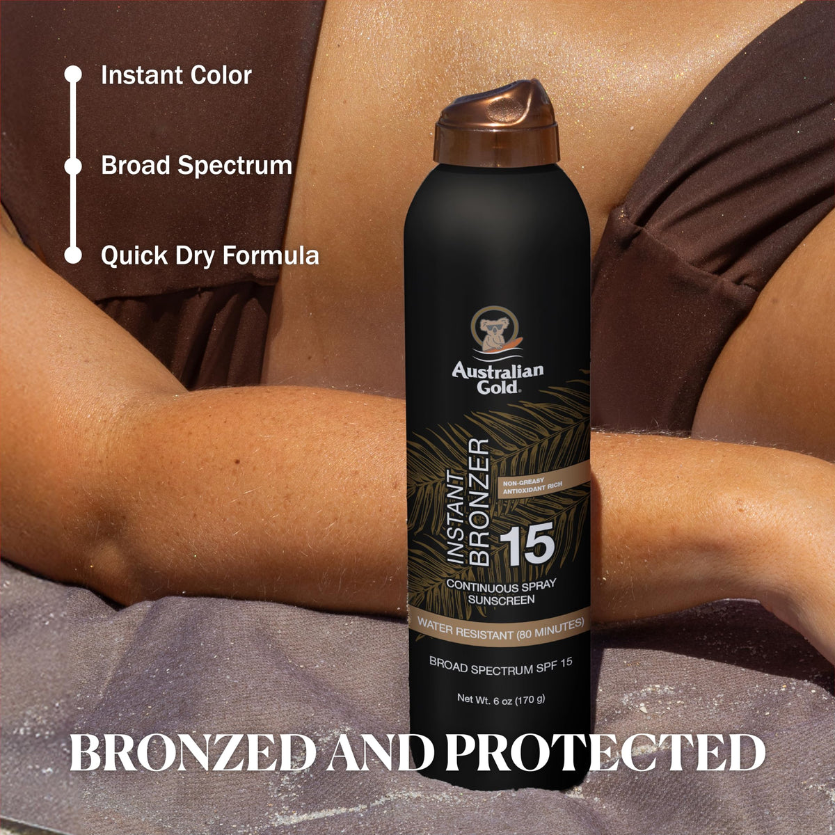 Australian Gold Continuous Spray Sunscreen SPF 15 | Instant Bronzer, 6 Fl Australian Gold