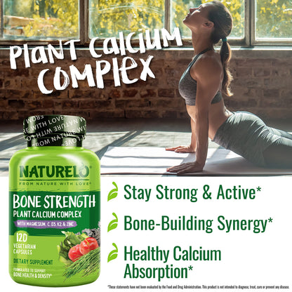 NATURELO Calcium Supplement - with Vitamin C, Vitamin D3, K2, and Calcium Magnesium Zinc for Bone Strength with Calcium 600mg - Plant-Based, 120 Vegetarian Capsules NATURELO