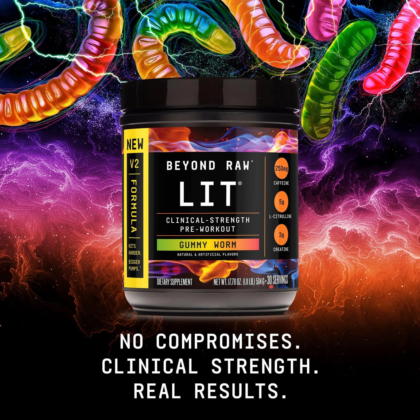 BEYOND RAW LIT V2 Clinical Strength Pre Workout Powder, Hits Harder, Bigger Pumps, Caffeine, L-Citrulline, Creatine, Gummy Worm, 30 Servings BEYOND RAW