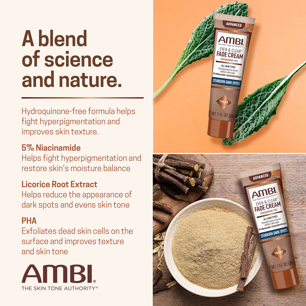 Ambi Even & Clear Advanced Fade Cream, Hydroquinone-free, Hyperpigmentation Treatment, Stubborn Dark Spot Corrector, Results In As Little As 2-3 Weeks, Niacinamide, Licorice Root Extract, PHA, 1 Fl Oz Ambi