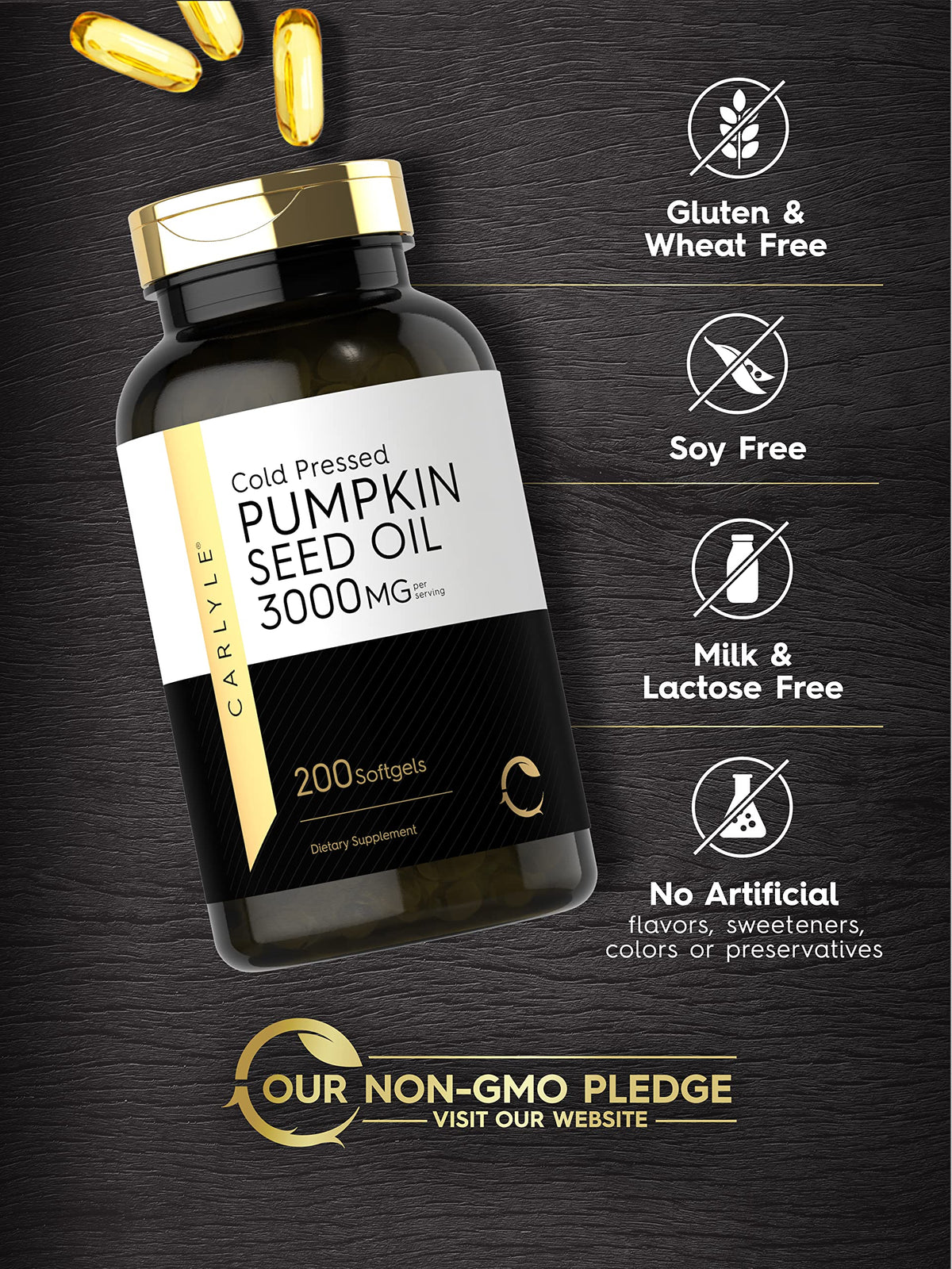 Carlyle Pumpkin Seed Oil Capsules | 3000mg | 200 Softgels | Essential Fatty Acids | Cold Pressed Dietary Supplement | Non-GMO and Gluten Free Formula Carlyle