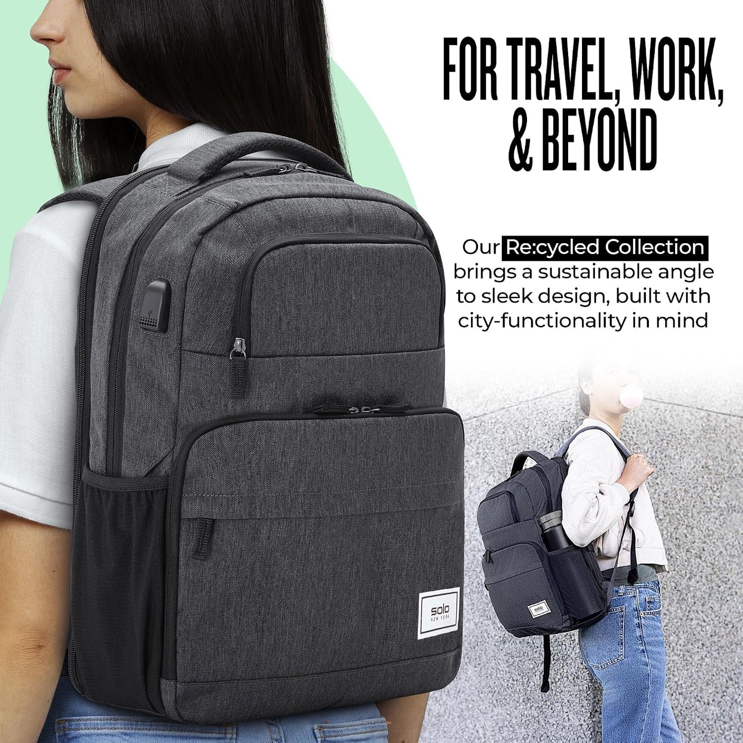 Solo New York Laptop Backpack for Women & Men -Carry On Bookbag for Travel & Work, Lightweight Bag, Side Mesh Pockets, Fits 15.6" Computer - Re:Discover, Grey Gsupps Australia