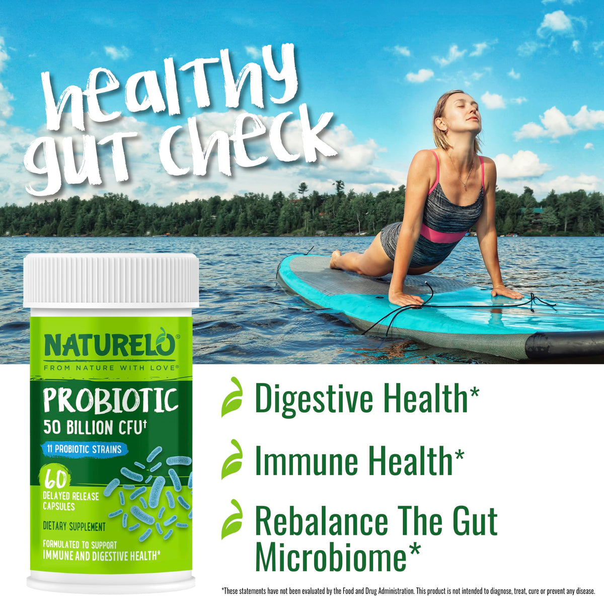 NATURELO Probiotics for Digestive Health - 50 Billion CFU, 11 Strains, Daily Use Supplement - Boosts Immune System, Delayed Release, NATURELO
