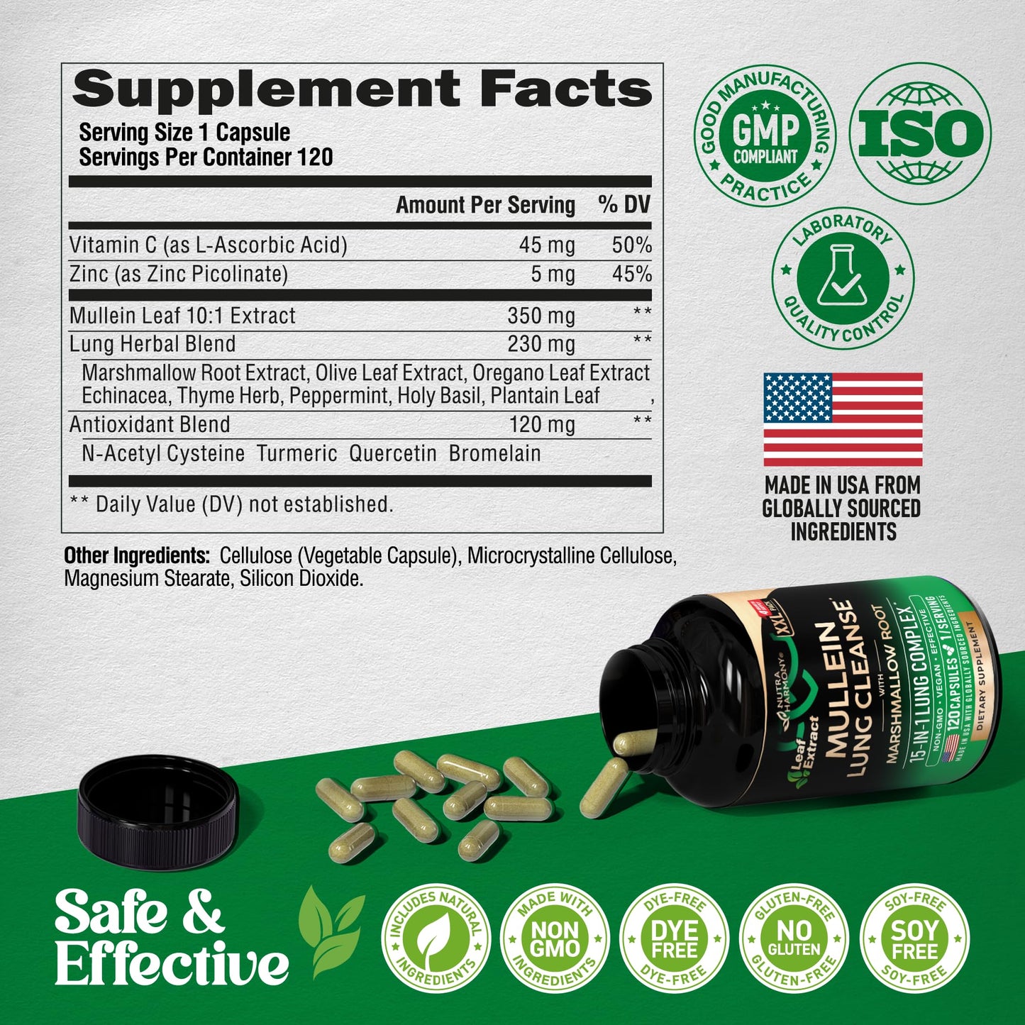 Mullein Lung Detox - Mullein Leaf Extract - Marshmallow Root | Echinacea | Oregano | Quercetin | NAC - 15-in-1 Lung Support & Cleanse for Smokers Supplement NUTRAHARMONY