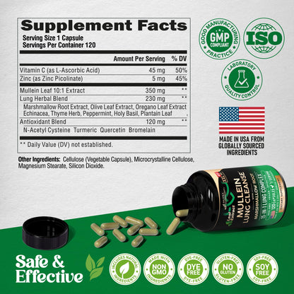 Mullein Lung Detox - Mullein Leaf Extract - Marshmallow Root | Echinacea | Oregano | Quercetin | NAC - 15-in-1 Lung Support & Cleanse for Smokers Supplement NUTRAHARMONY