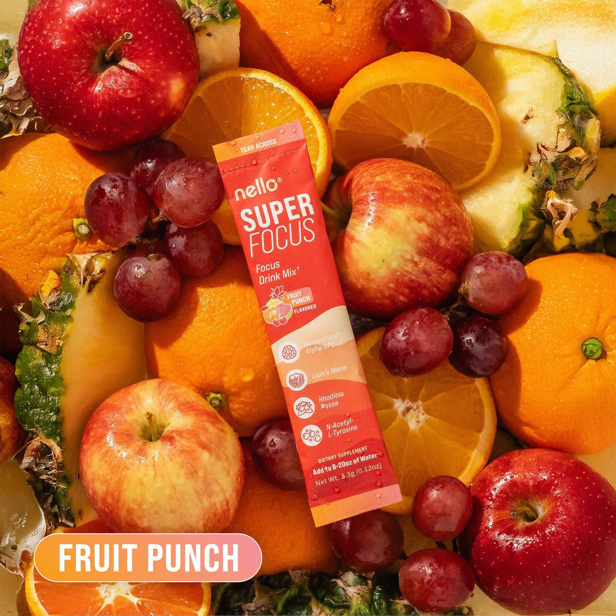 Nello Superfocus Focus Drink Mix – Fruit Punch Flavor – Alpha GPC, Lion’s Mane, Rhodiola & N-Acetyl L-Tyrosine – Sugar-Free, On-the-Go Packets – 20 Servings Nello buy australia supplements