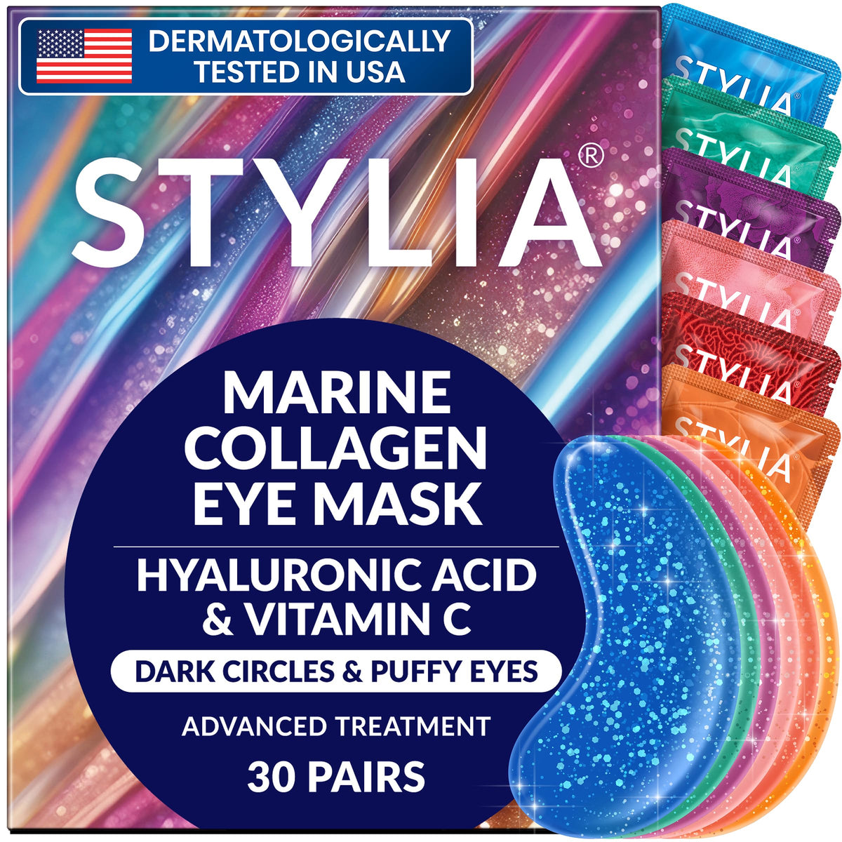 Stylia Collagen & Vitamin C Under Eye Patches for Puffy Eyes & Dark Circles - Depuffing, Hydrating & Firming Under Eye Mask with Hyaluronic Acid - Stocking Stuffers for Teen Girls, Vegan (30 Pairs) Stylia