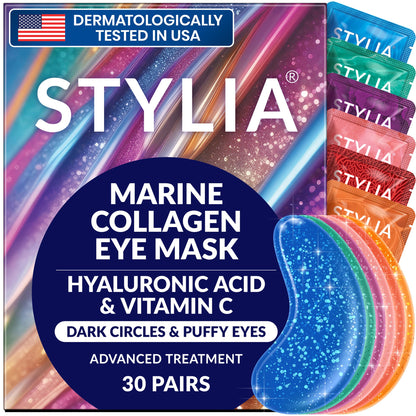 Stylia Collagen & Vitamin C Under Eye Patches for Puffy Eyes & Dark Circles - Depuffing, Hydrating & Firming Under Eye Mask with Hyaluronic Acid - Stocking Stuffers for Teen Girls, Vegan (30 Pairs) Stylia