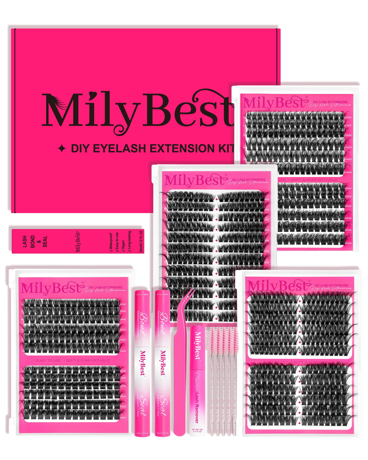 MilyBest 4 Styles Lash Clusters Kit, 864 Pcs D Curl Volume Lashes MilyBest