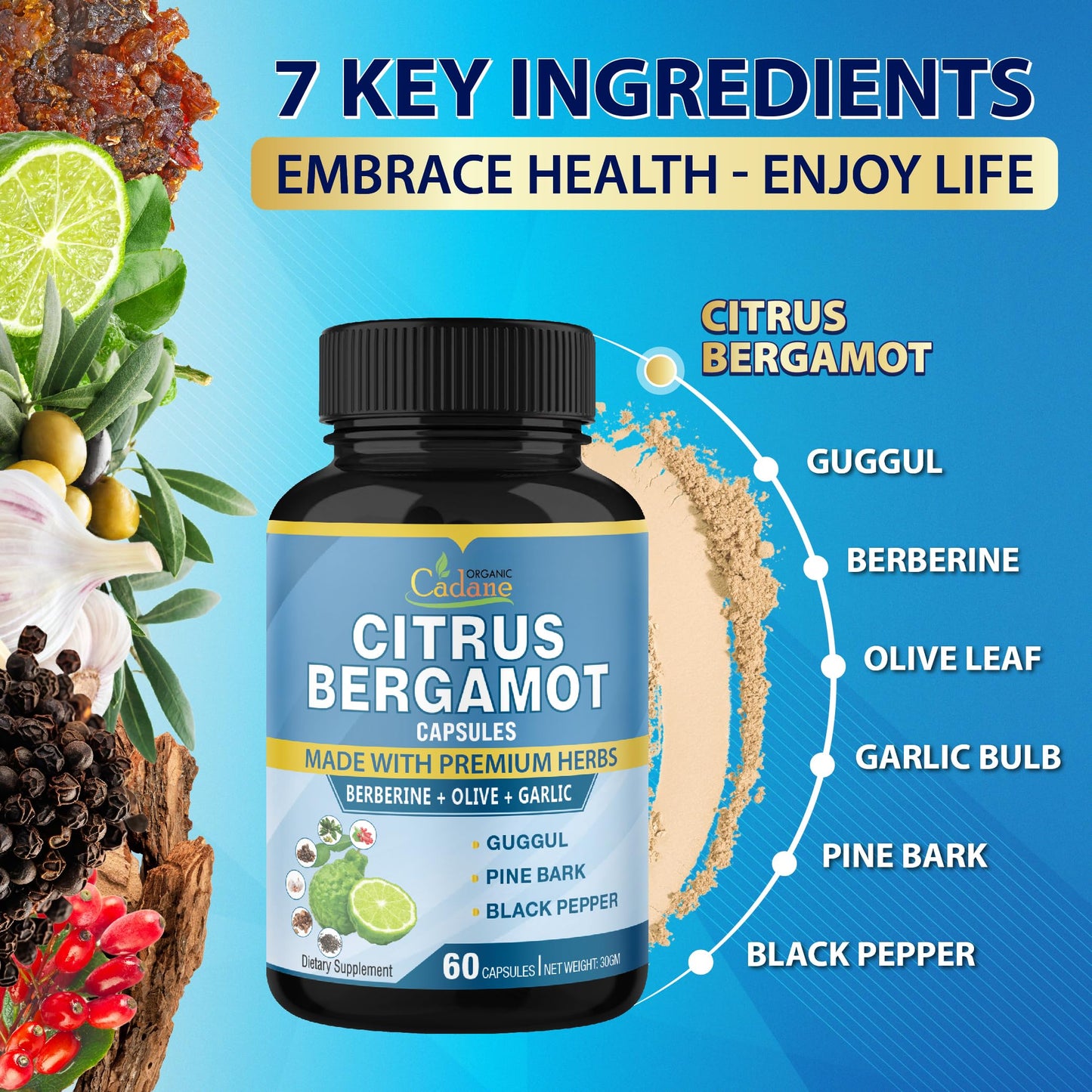 Cadane 2 Packs Citrus Bergamot Extract Capsules with Berberine, Olive, Guggul, Garlic, Pine Bark, Black Pepper | 4 Months Supply Organic Cadane