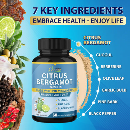 Cadane 2 Packs Citrus Bergamot Extract Capsules with Berberine, Olive, Guggul, Garlic, Pine Bark, Black Pepper | 4 Months Supply Organic Cadane