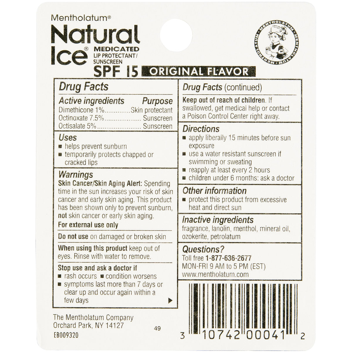 Mentholatum Natural Ice Original Medicated Lip Balm, Hydrating Lip Care for Dry, Chapped Lips, Moisturizing Formula with SPF 15 Helps Prevent Sunburn, Protection for Smooth, Soft Lips (Pack of 12) Natural Ice
