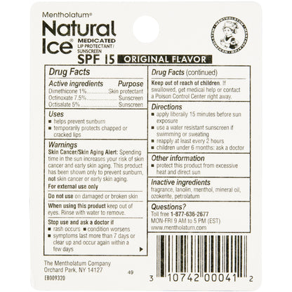 Mentholatum Natural Ice Original Medicated Lip Balm, Hydrating Lip Care for Dry, Chapped Lips, Moisturizing Formula with SPF 15 Helps Prevent Sunburn, Protection for Smooth, Soft Lips (Pack of 12) Natural Ice