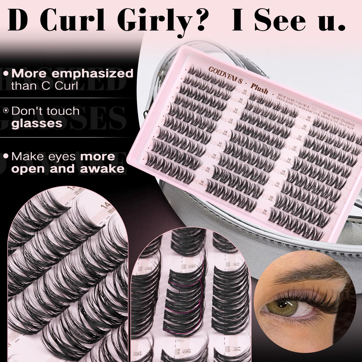 Goddvenus Plush Lash Clusters Natural Wispy Cluster Eyelash Extensions, Fluffy DIY Lash Extension at Home for Natural Look, D Curl Individual Eyelashes Goddvenus