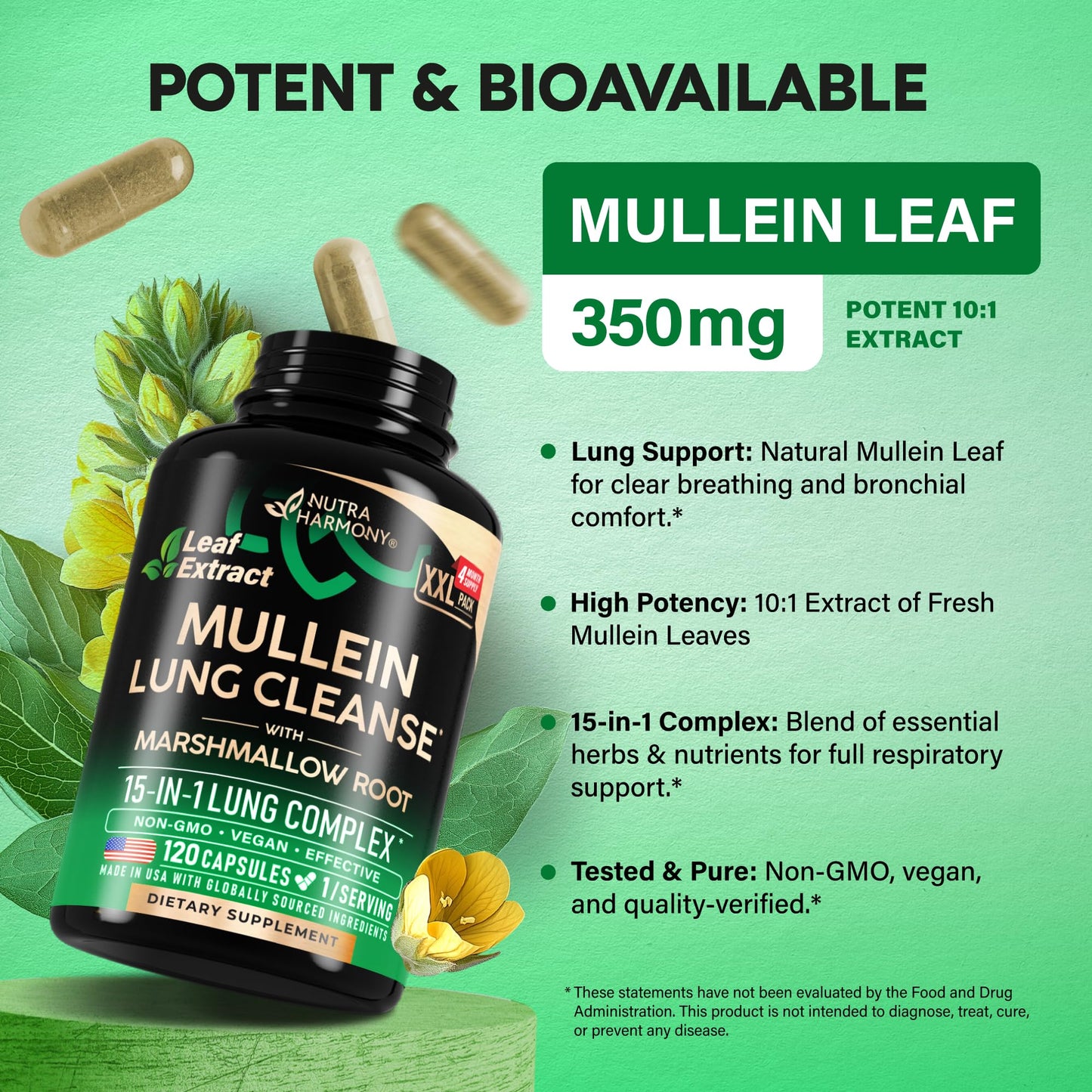 Mullein Lung Detox - Mullein Leaf Extract - Marshmallow Root | Echinacea | Oregano | Quercetin | NAC - 15-in-1 Lung Support & Cleanse for Smokers Supplement NUTRAHARMONY