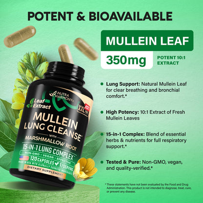 Mullein Lung Detox - Mullein Leaf Extract - Marshmallow Root | Echinacea | Oregano | Quercetin | NAC - 15-in-1 Lung Support & Cleanse for Smokers Supplement NUTRAHARMONY