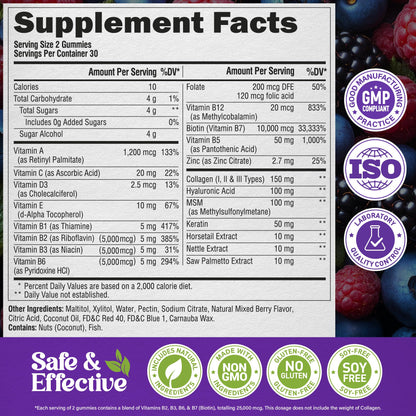 Biotin Gummies with Collagen - Hair Growth Support Skin, & Nail Strength - for Women & Men - Biotin 10000mcg | Keratin | Hyaluronic Acid | B-Complex | Saw Palmetto NUTRAHARMONY
