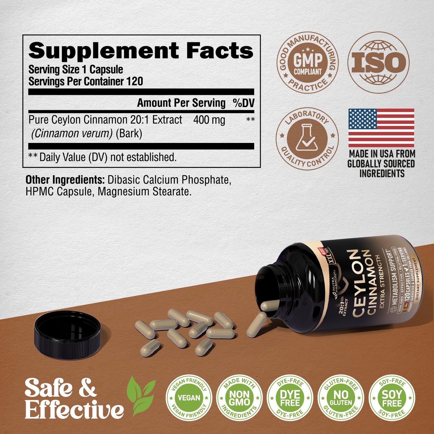 Ceylon Cinnamon Capsules - Extra Strength - Energy, Heart & Metabolism Support - for Men & Women - Pure Natural Extract 20:1 Supplement - Made in USA - NUTRAHARMONY