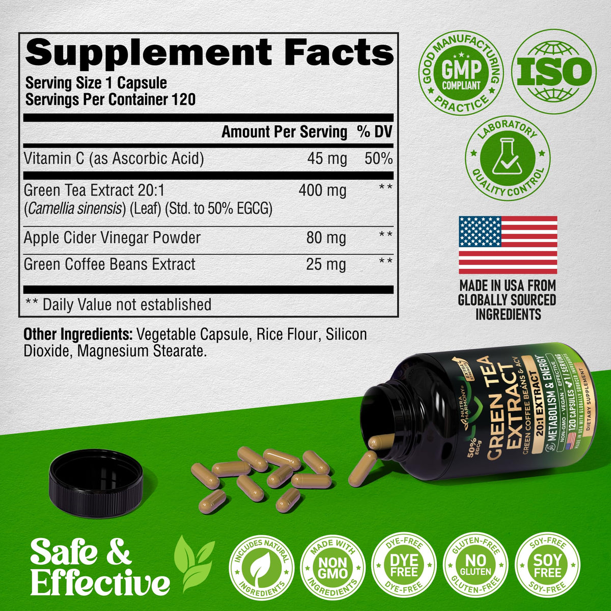 Green Tea Extract - 50% EGCG, Extra Strength 20:1 Extract - Natural Green Tea Supplement + Green Coffee Beans & Apple Cider Vinegar - Energy & Metabolism Support NUTRAHARMONY