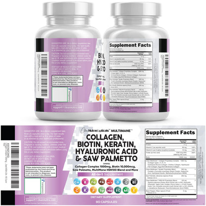 Clean Nutraceuticals Collagen Pills 1000mg Biotin 10000mcg Keratin Saw Palmetto Hyaluronic Acid - Hair Skin & Nails Vitamins & DHT Blocker with Vitamin E Folic Acid Clean Nutraceuticals