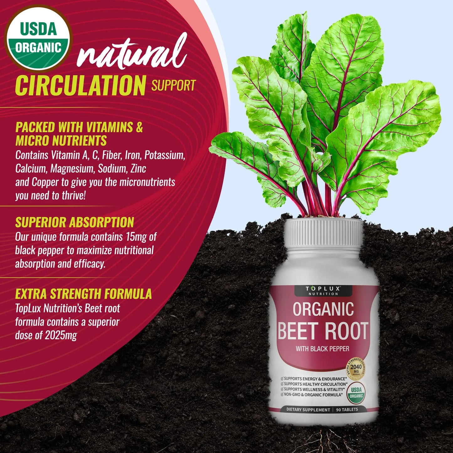 Toplux Organic Beet Root Powder Tablets - 2040mg Natural Nitric Oxide Beets to Support, Energy, Black Pepper Better Absorption, Non-GMO, for Men Women, 90 Tablets Toplux