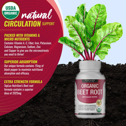 Toplux Organic Beet Root Powder Tablets - 2040mg Natural Nitric Oxide Beets to Support, Energy, Black Pepper Better Absorption, Non-GMO, for Men Women, 90 Tablets Toplux