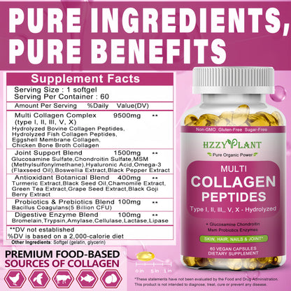 Multi Collagen Peptides Softgel - Type I, II, III, V, X - Hydrolyzed Collagen Peptides with Biotin Vitamin C Hyaluronic Acid for Women & Men, Supports Skin Hair Nail & Joint, Non-GMO, 60 Servings HZZYPLANT
