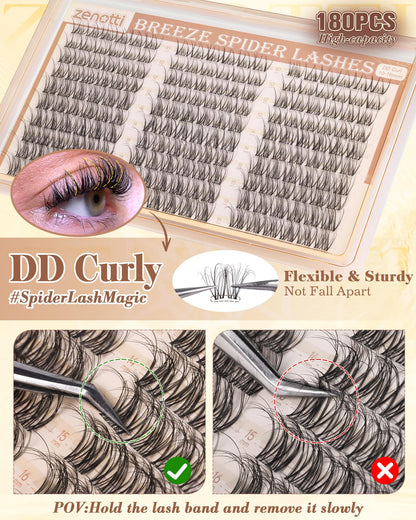 Spider Breeze Lash Clusters DD Curl 180PCS Natural Eyelash Clusters Wispy Cluster Eyelash Extensions Breeze Venus Lashes Cluster with Invisible Band Kim K Style Eyelash Extensions by zenotti zenotti