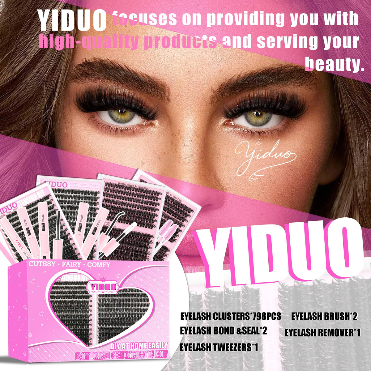 YIDUO 4 Styles Lash Clusters Kit 60D+80D+100D+150D Volume Clusters Lashes Extensions Kit with 2 X Bond and Seal 10-18mm Wispy D Curvature Full Individual Eyelash Extensions Kit DIY at Home Easily YIDUO