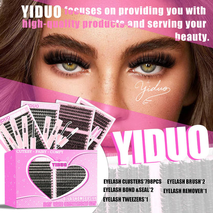 YIDUO 4 Styles Lash Clusters Kit 60D+80D+100D+150D Volume Clusters Lashes Extensions Kit with 2 X Bond and Seal 10-18mm Wispy D Curvature Full Individual Eyelash Extensions Kit DIY at Home Easily YIDUO