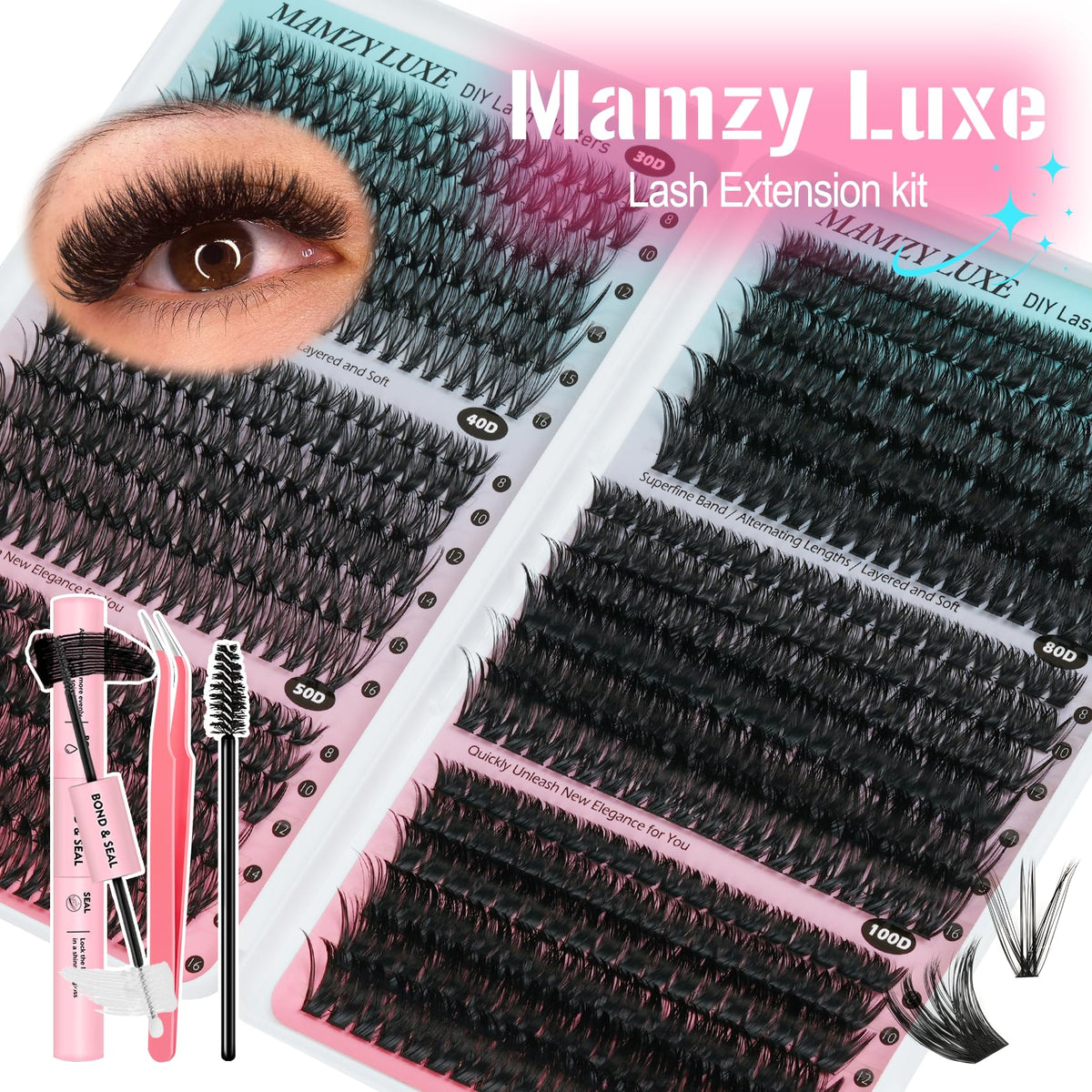 Lash Clusters Kit 708Pcs Individual Cluster Lash Extensions Kit 30D+40D+50D+60D+80D+100D Wispy Eyelash Clusters with Lash Bond and Seal and Tweezers 10-16mm 6 Styles Mix Lashes Clusters Kit Mamzy Luxe