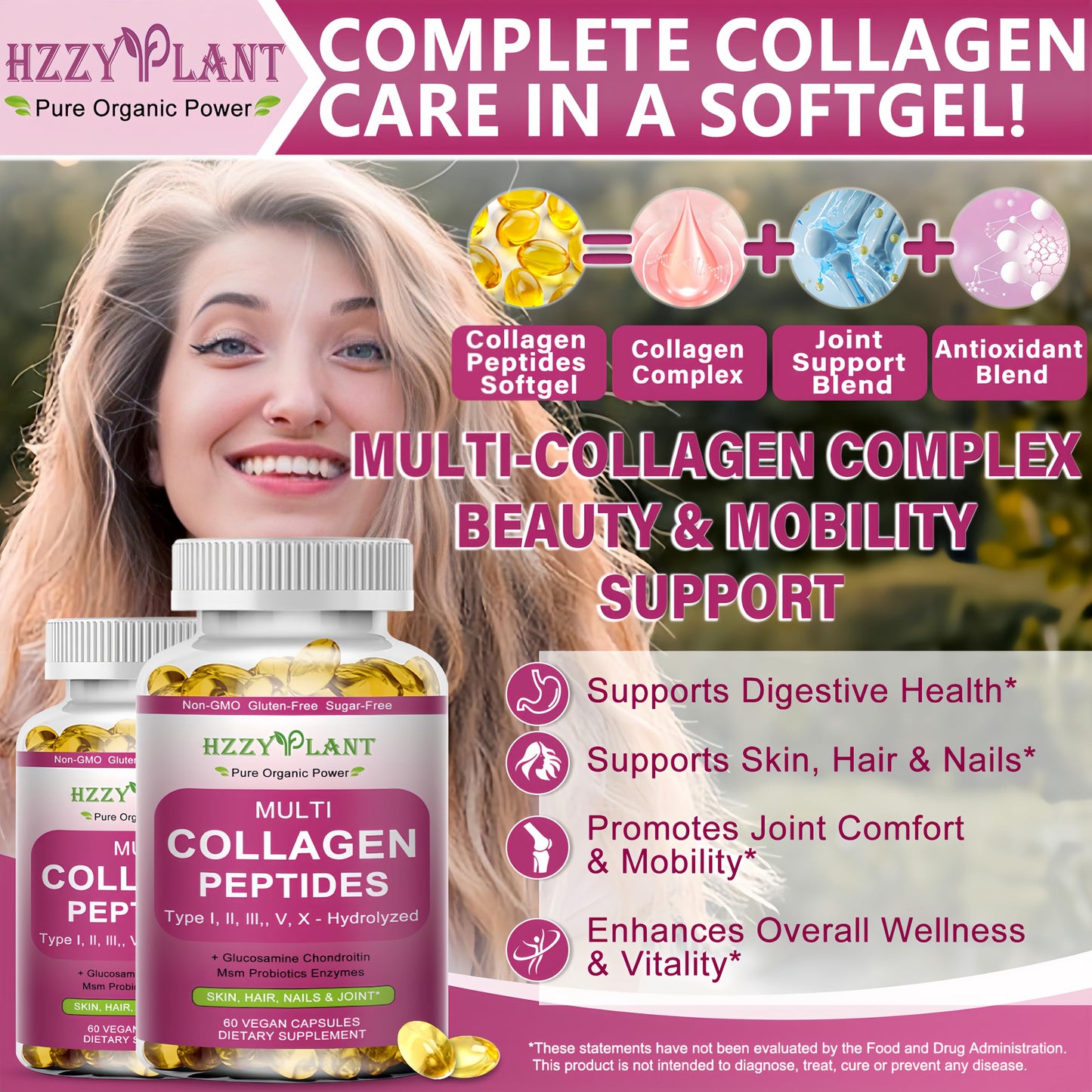 Multi Collagen Peptides Softgel - Type I, II, III, V, X - Hydrolyzed Collagen Peptides with Biotin Vitamin C Hyaluronic Acid for Women & Men, Supports Skin Hair Nail & Joint, Non-GMO, 60 Servings HZZYPLANT