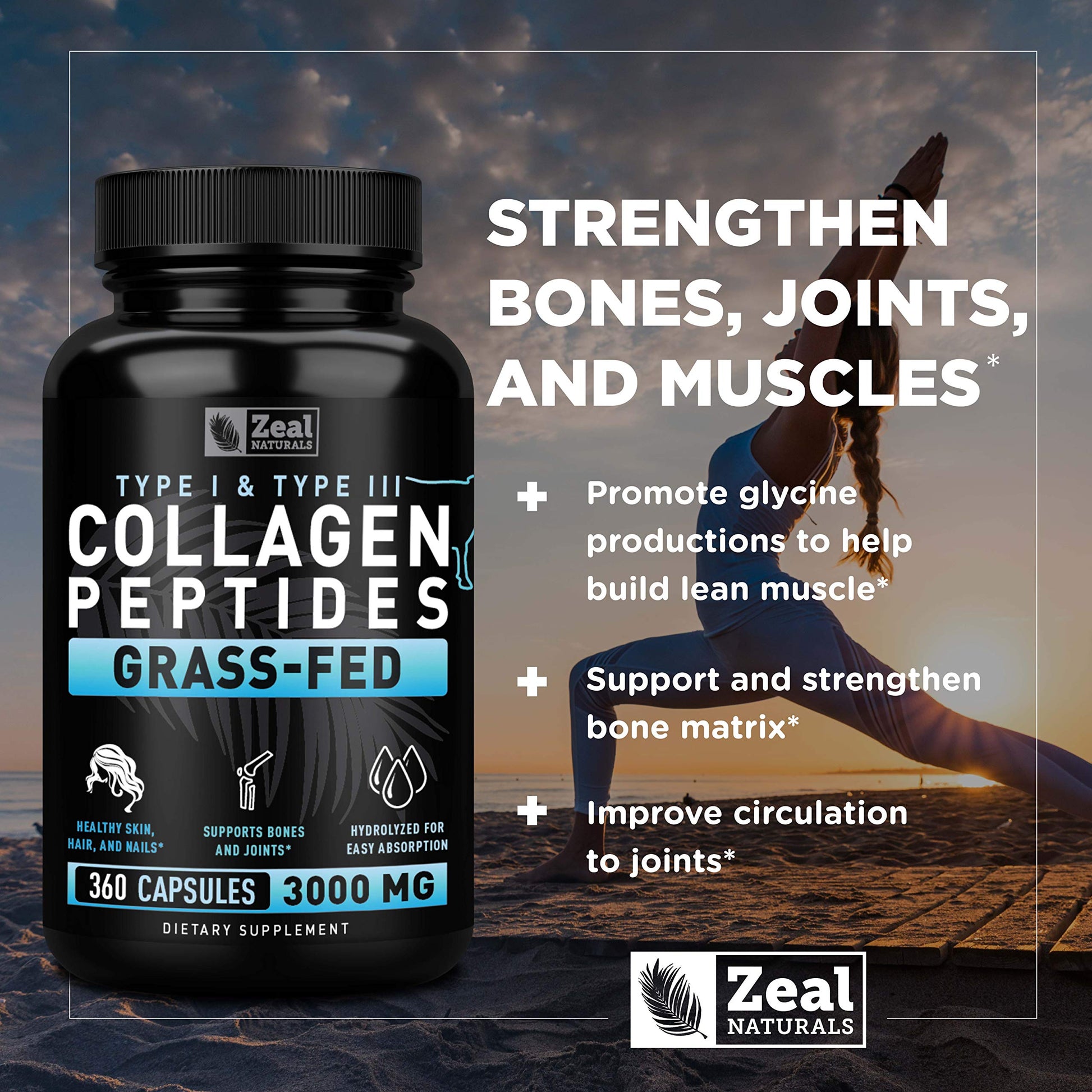 Zeal Naturals Collagen Peptides Collagen Pills (360 Capsules) Grass Fed Collagen Pepetide Powder - Hydrolyzed Collagen Powder for JointTendon SupplementHair Skin and Nails - Zeal Naturals buy australia supplements