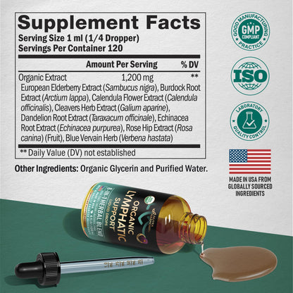 USDA Organic Lymphatic Drainage Supplement - Echinacea | Elderberry | Dandelion | Rosehip | Cleavers | Calendula | Burdock - Made in USA - Lymph System Drops NUTRAHARMONY