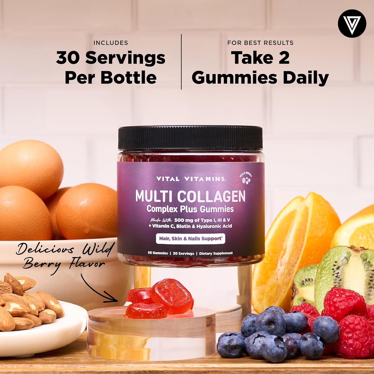 Vital Vitamins Multi Collagen Complex Plus Gummies - Collagen Peptides Types I, III & V with Hyaluronic Acid, Biotin, Vitamin C & Vitamin D - Hair, Skin & Nail Support - Wild Berry - 60 Count Gsupps Australia