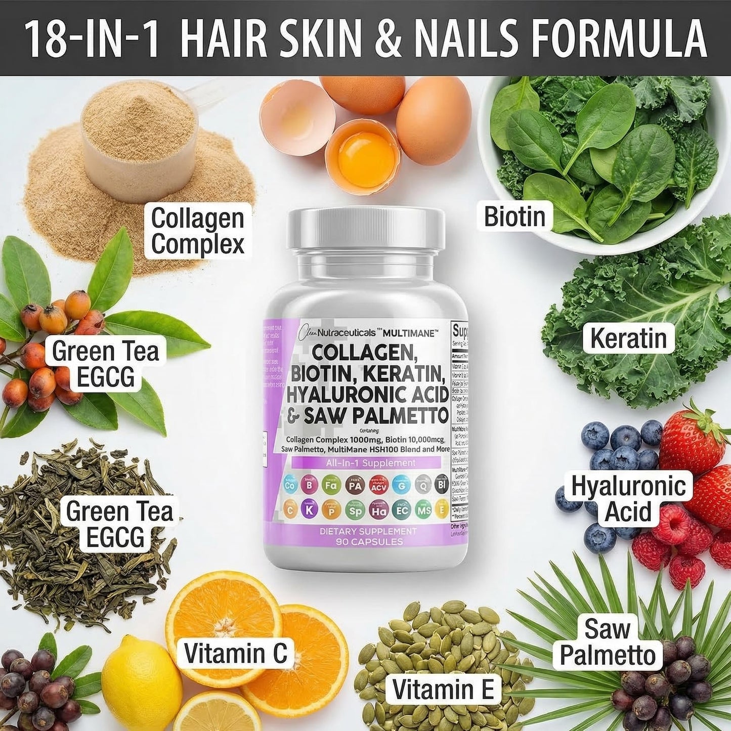 Clean Nutraceuticals Collagen Pills 1000mg Biotin 10000mcg Keratin Saw Palmetto Hyaluronic Acid - Hair Skin & Nails Vitamins & DHT Blocker with Vitamin E Folic Acid Clean Nutraceuticals