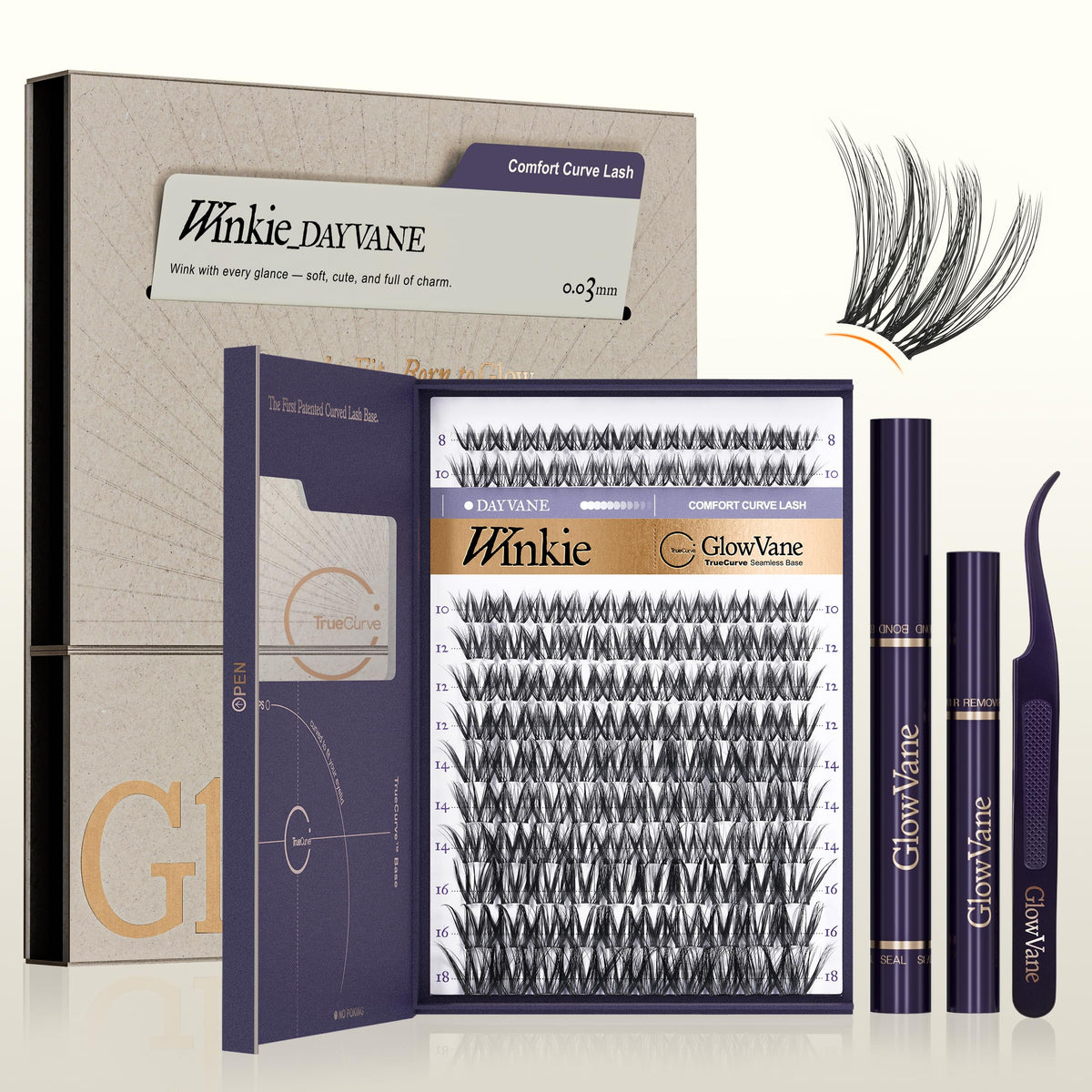 GlowVane TrueCurve Lash Clusters Kit, Wispy Curved Band Eyelash, Winkie GlowVane