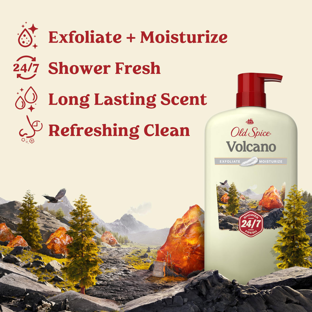 Old Spice Cleansing Body Wash for Men, 24/7 Shower Fresh with Lasting Scent, Exfoliate & Moisture, Gentle on Skin, Vitamin B3, Volcano with Dark Cedar + Amber Scent, 30 oz Old Spice