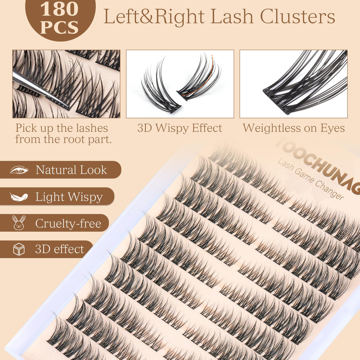 Natural Lash Clusters Wispy Eyelash Clusters C Curl Left&Right Cluster Eyelashes Extensions 180pcs Cluster Lashes DIY Individual Lash Extension Thin Band Cat Eye Lashes by TOOCHUNAG TOOCHUNAG