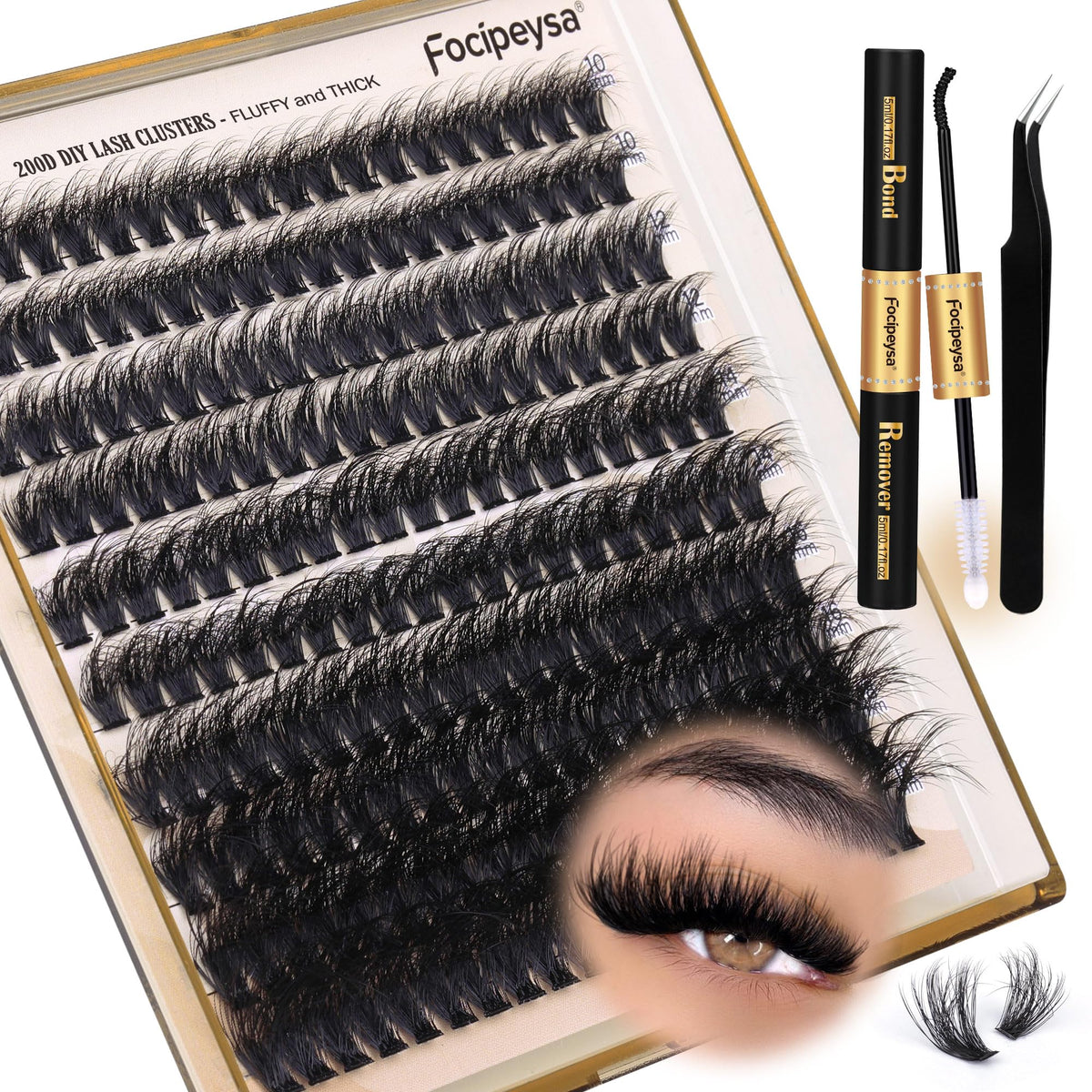 Focipeysa Lash Extension Kit Thick Eyelash Extension Kit 10-18mm Fluff Volume Lash Clusters 200D Individual Eyelashes Kit with Lashes Bond, Lashes Remover, Lash Tweezers, DIY Lash Extension Focipeysa