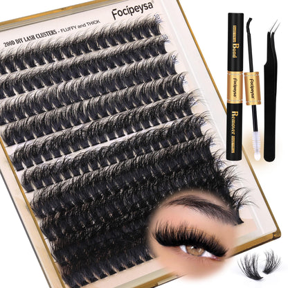Focipeysa Lash Extension Kit Thick Eyelash Extension Kit 10-18mm Fluff Volume Lash Clusters 200D Individual Eyelashes Kit with Lashes Bond, Lashes Remover, Lash Tweezers, DIY Lash Extension Focipeysa