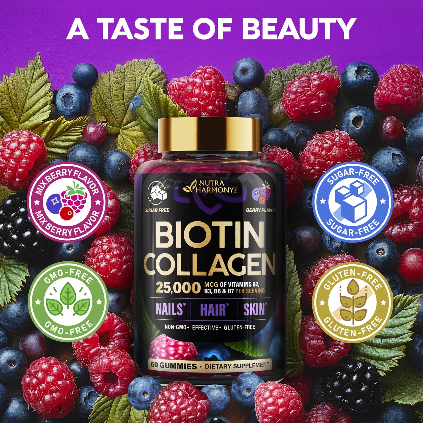 Biotin Gummies with Collagen - Hair Growth Support Skin, & Nail Strength - for Women & Men - Biotin 10000mcg | Keratin | Hyaluronic Acid | B-Complex | Saw Palmetto NUTRAHARMONY